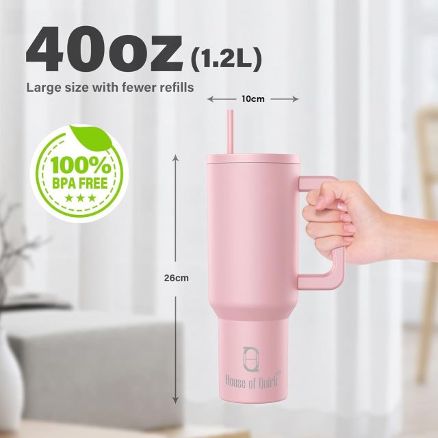 1200ML Stainless Steel Tumbler Hot and Cold with Handle and Lid 2 Straw, Double Insulated Cup Mug Cupholder for Gym, Travelling (Misty Rose)