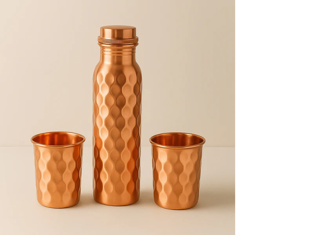 Copper Water Bottle 2 Glasses with Gift Box (3 Pcs Set)