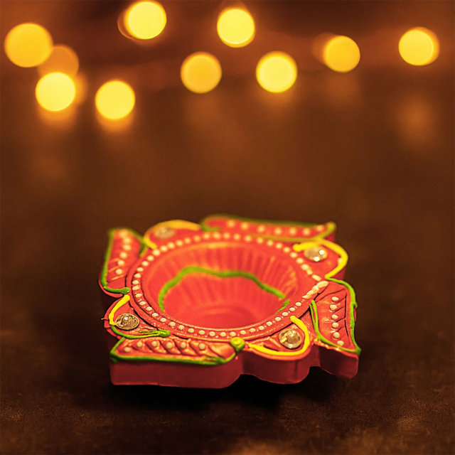 Handcrafted Multicolor Clay Diya Set of 6 – Square Floral Design Decorative Oil Lamps for Diwali & Pooja (Mix Design)