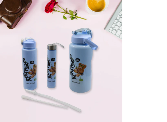 Plastic Water Bottle Set – BPA-Free, Leak-Proof, Cartoon Design for Kids & Gym (3 Pc Set)